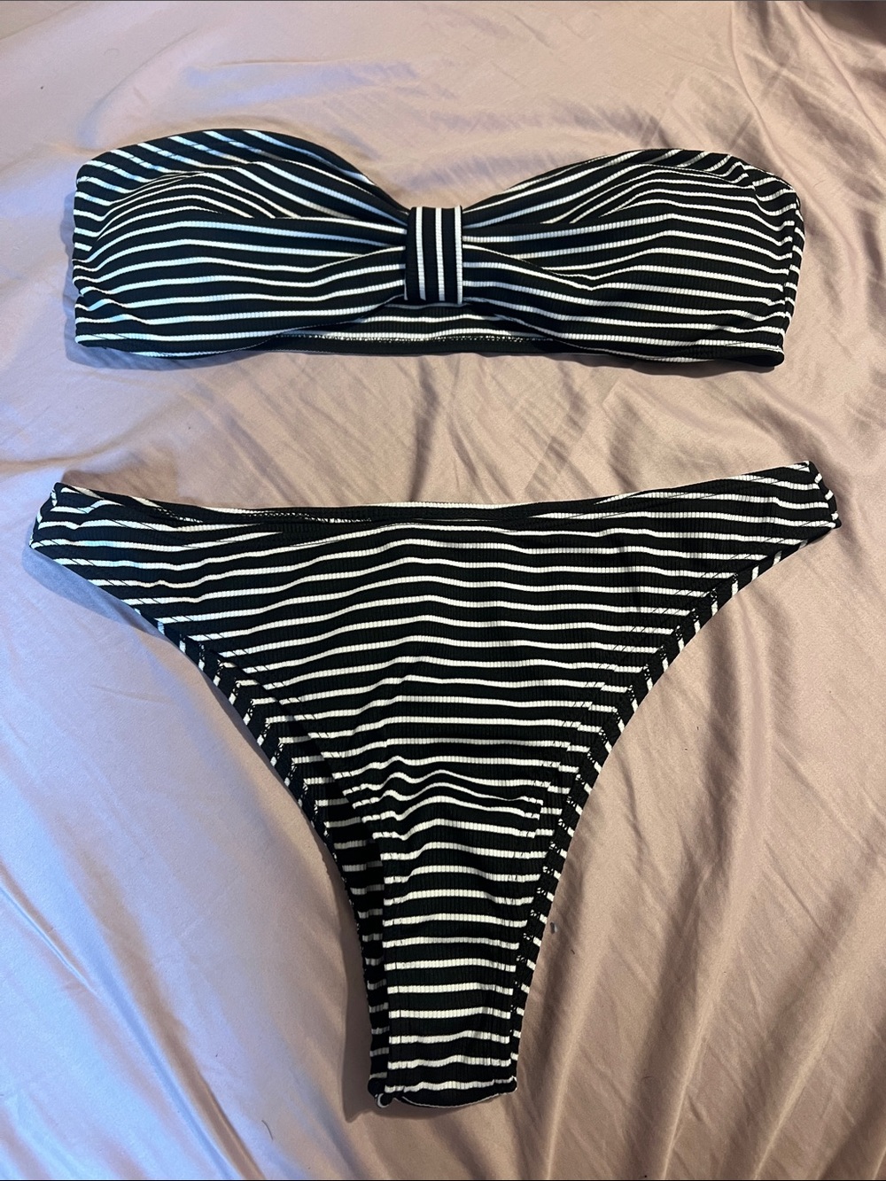 Black & White Striped Bandeau Bikini Set - Women Swim